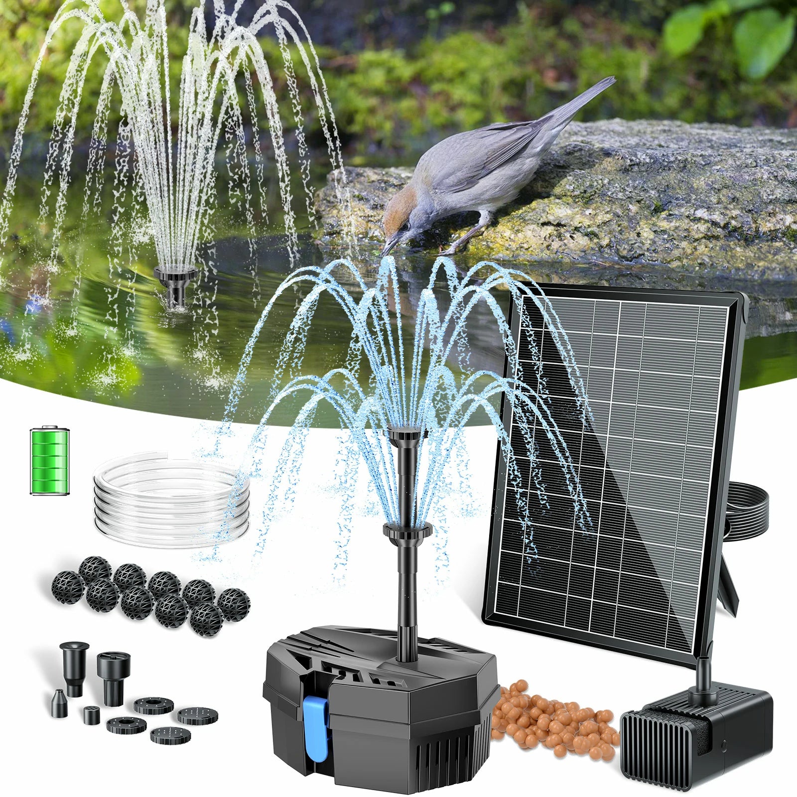 P3081D 8W 80GPH Solar-Teichfilterbrunnen mit 3000mAh Akku-Backup
