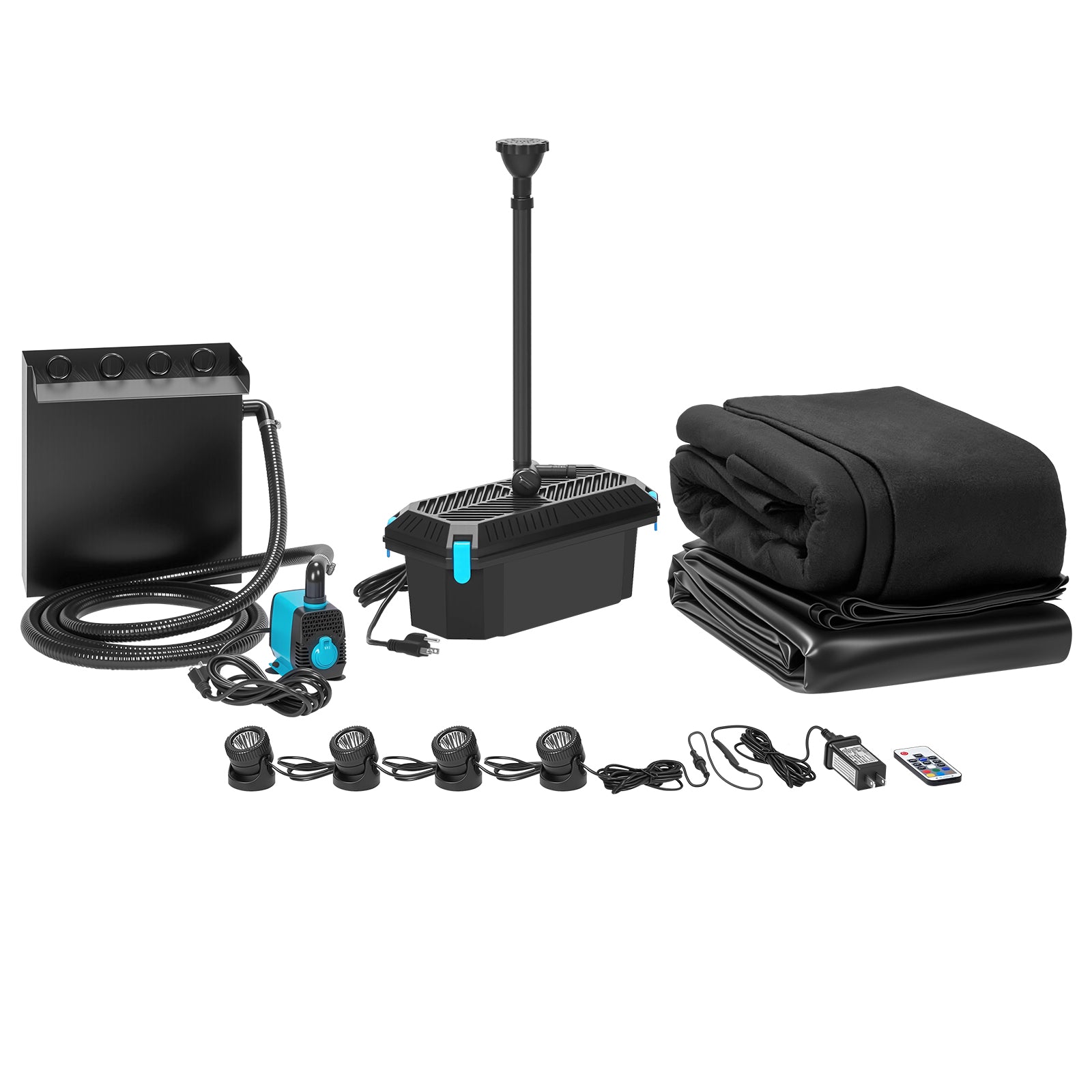 4′ x 4′ Pond Advanced Kit | 5-in-1 Filter, Waterfall, Lights, Pond Liner & Underlayment