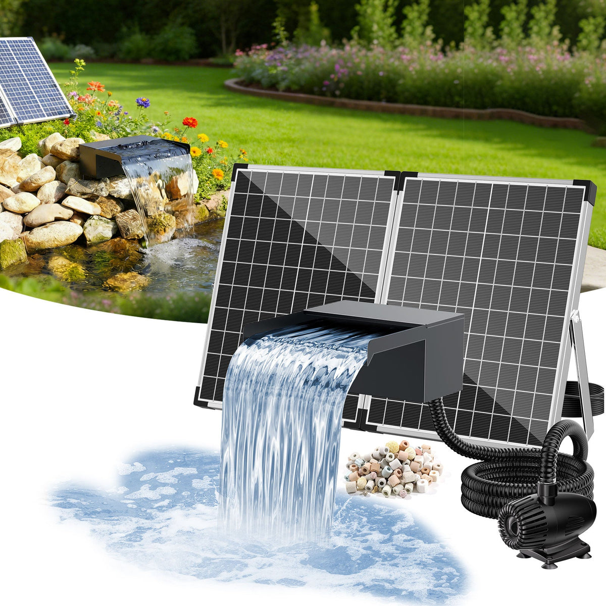 55W Solar-Wasserfallpumpen-Set mit 20-cm-Auslauf
