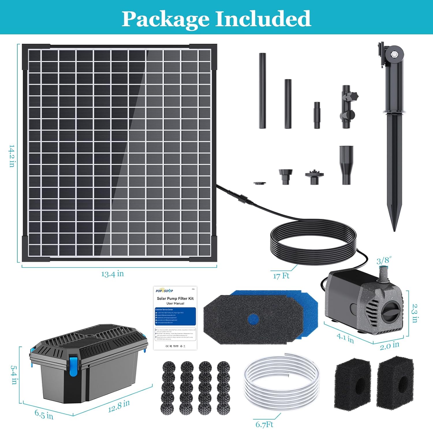 25W 410GPH Solar Water Pond Pump & Filter Kit package included