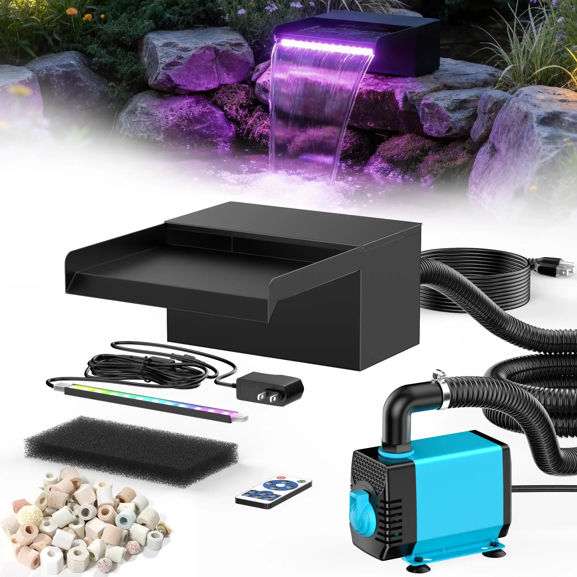 40W 660GPH Electric Waterfall Pump Kit with 8" Spillway & Light