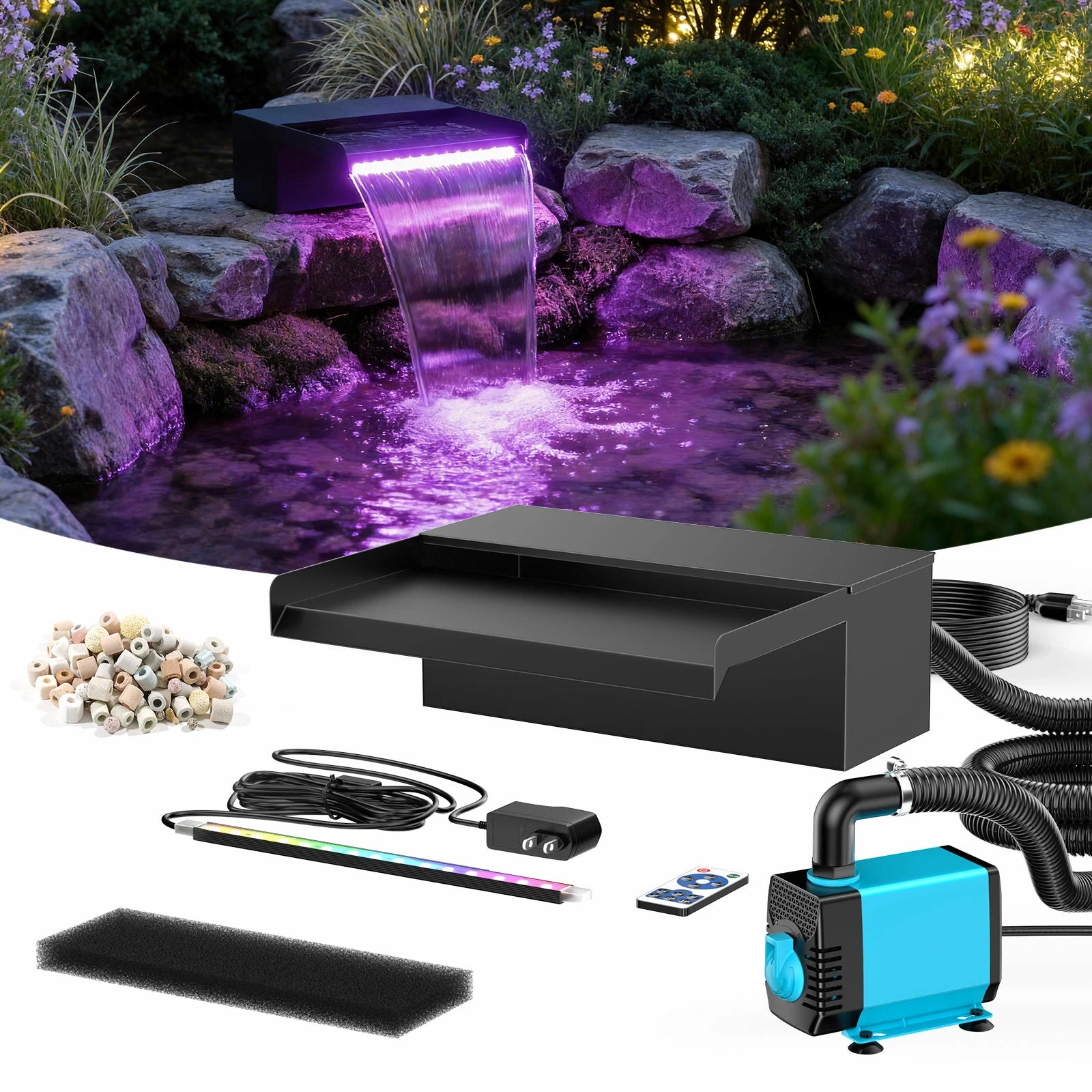 40W 660GPH Waterfall Pump Kit with 8" Spillway & Light