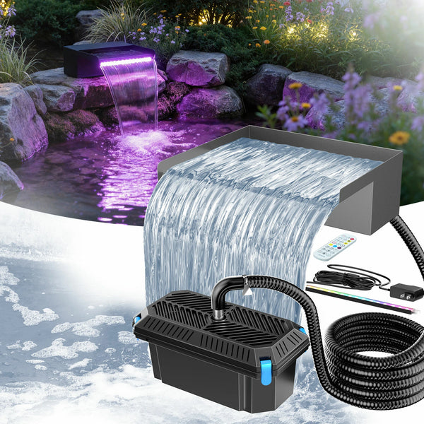 660GPH Waterfall Pump Kit with 12" Spillway & Pond Filter (LED)