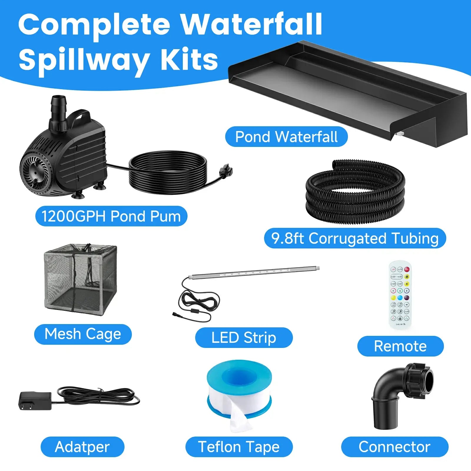 80W 1200GPH Waterfall Pump Kit with 24" Spillway & Light