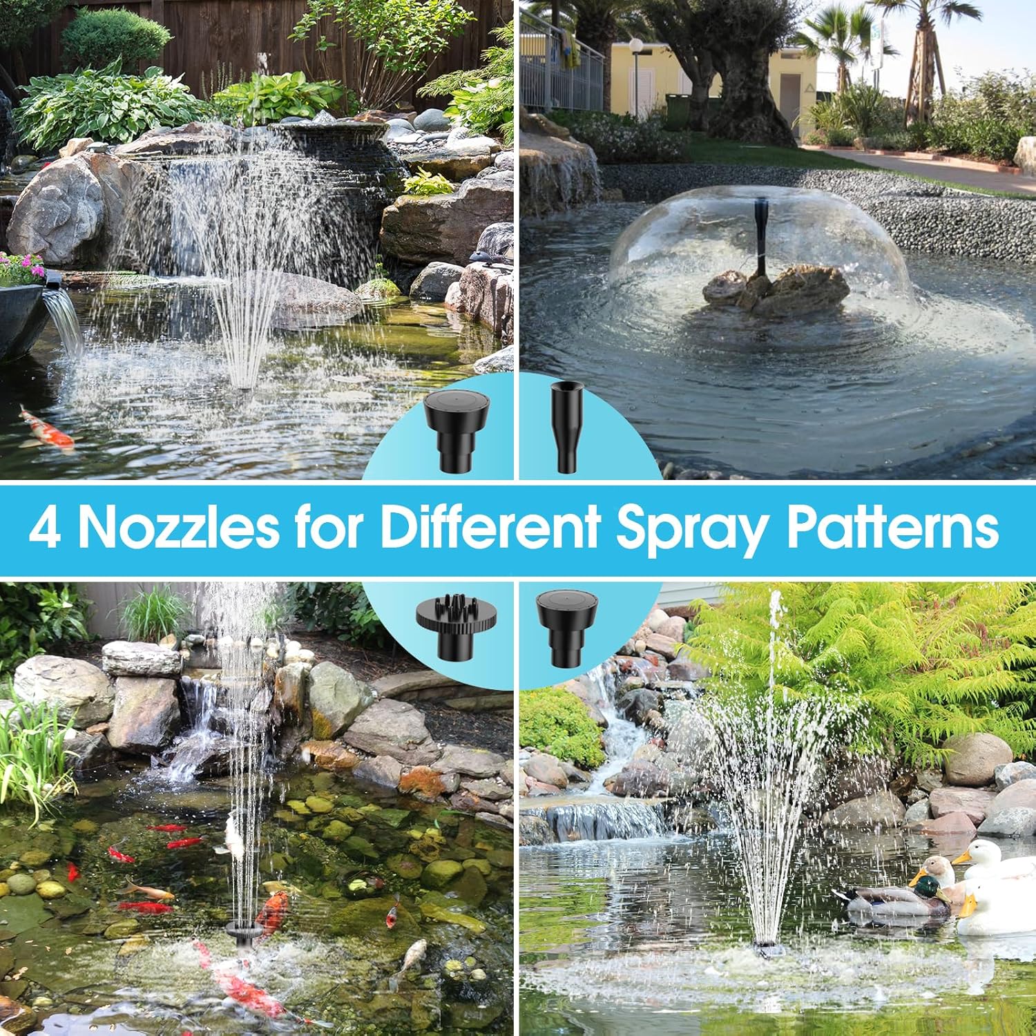 40W Solar Water Pond Pump & Filter Kit - 580GPH Adjustable Flow - 4 Nozzles for Different Spray Patterns