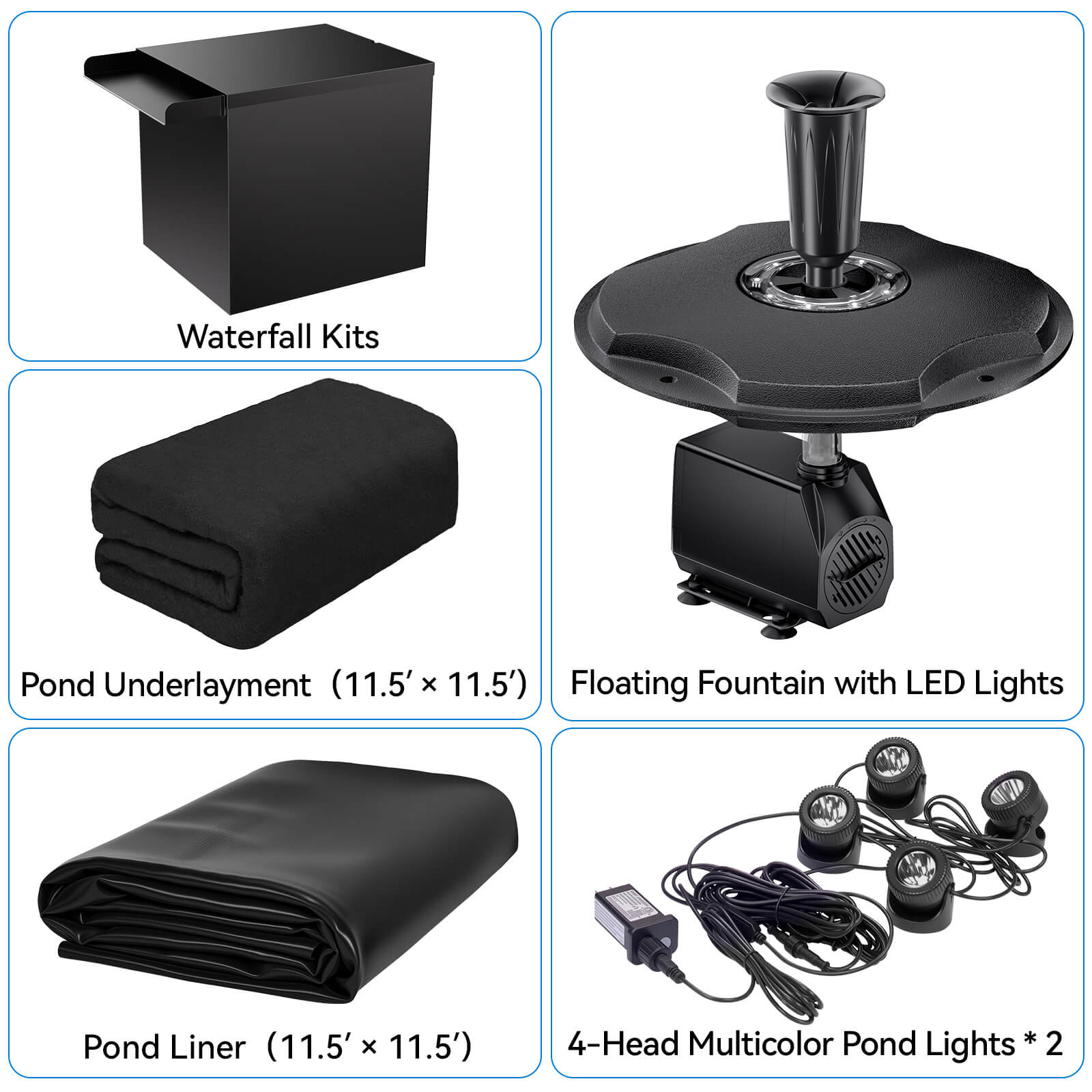 7′ x 7′ Pond Pro Kit | 5-in-1 Filter, Waterfall, Lights, Pond Liner & Underlayment