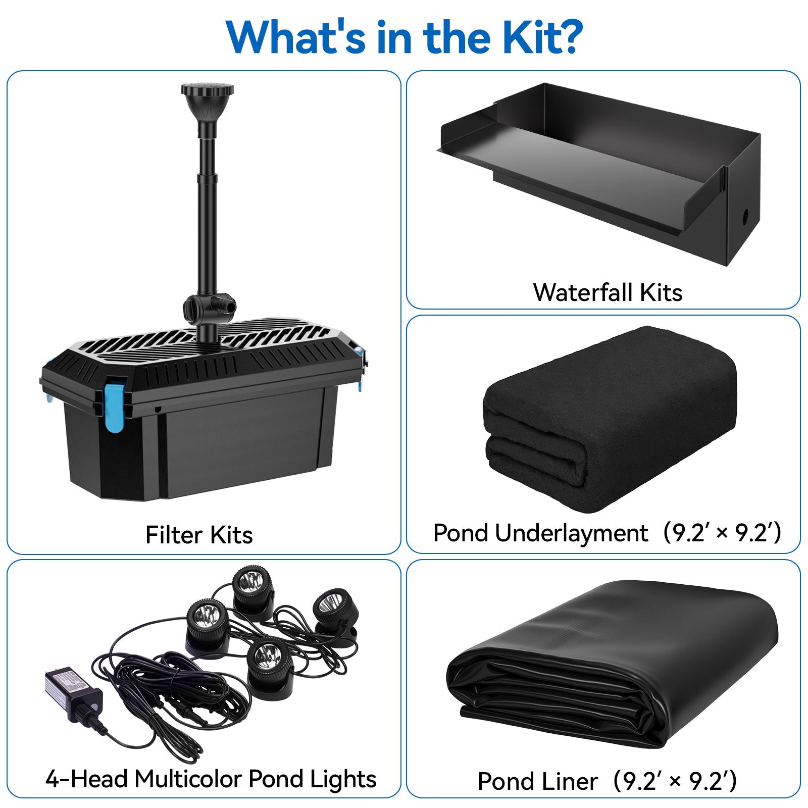 4′ x 4′ Pond Starter Kit | 5-in-1 Filter, Waterfall, Lights, Pond Liner & Underlayment