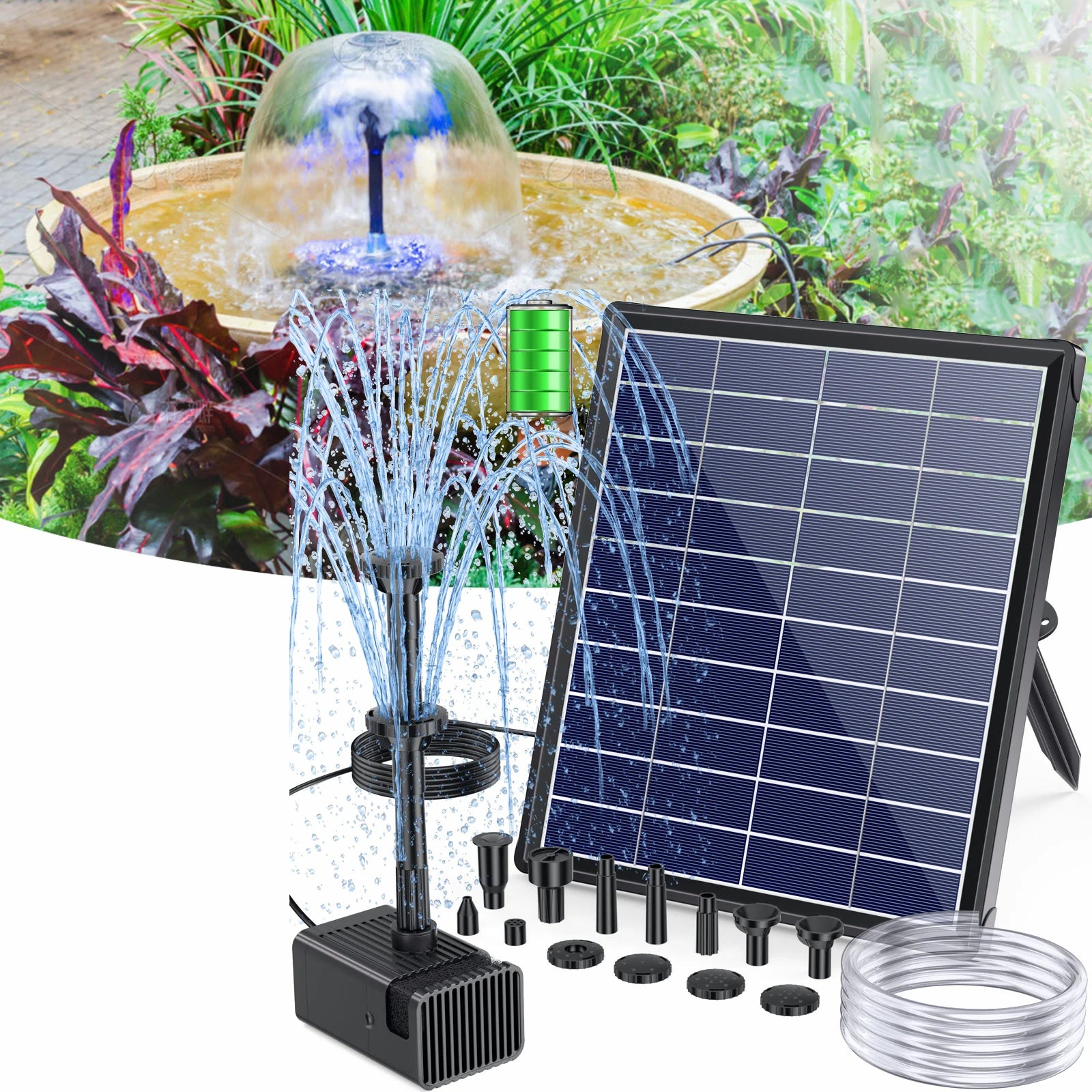 6,5-W-Solar-Vogelbadbrunnenpumpe mit 80 GPH Fördermenge und 2400-mAh-Akku