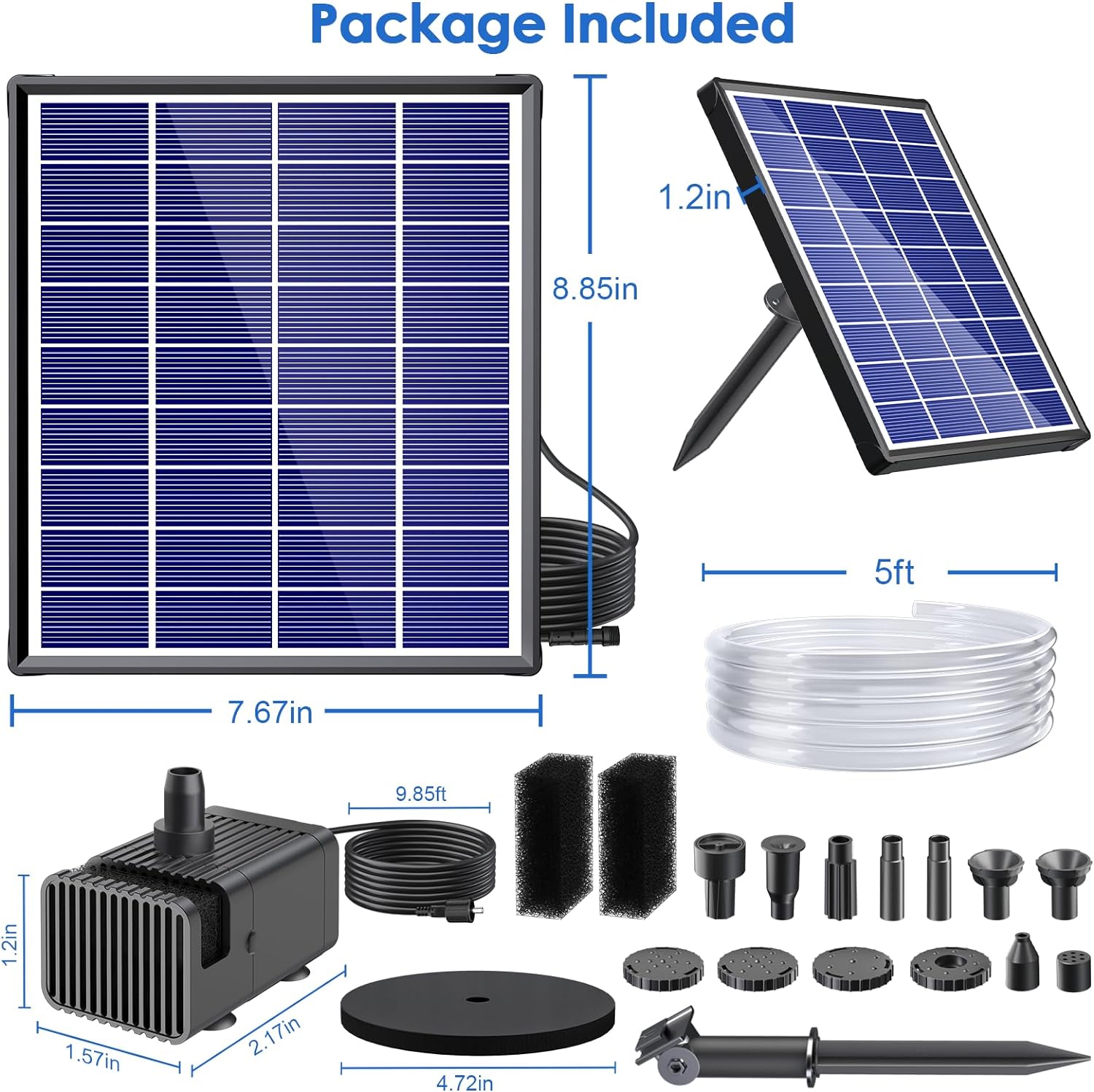6.5W Solar Water Fountain Pump - 80GPH, 8 Different Water Sprayering Nozzles Package Included