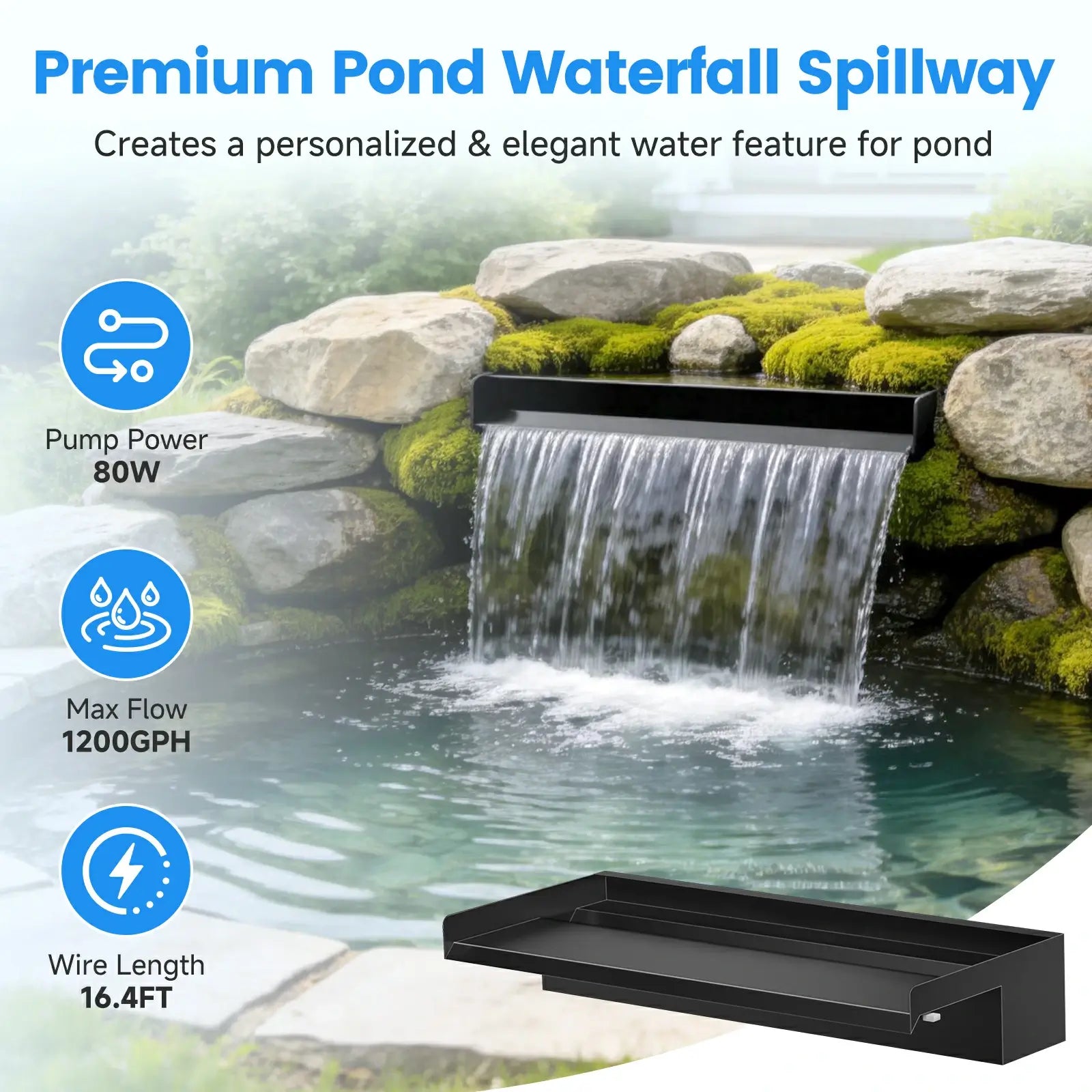 80W 1200GPH Waterfall Pump Kit with 24" Spillway & Light