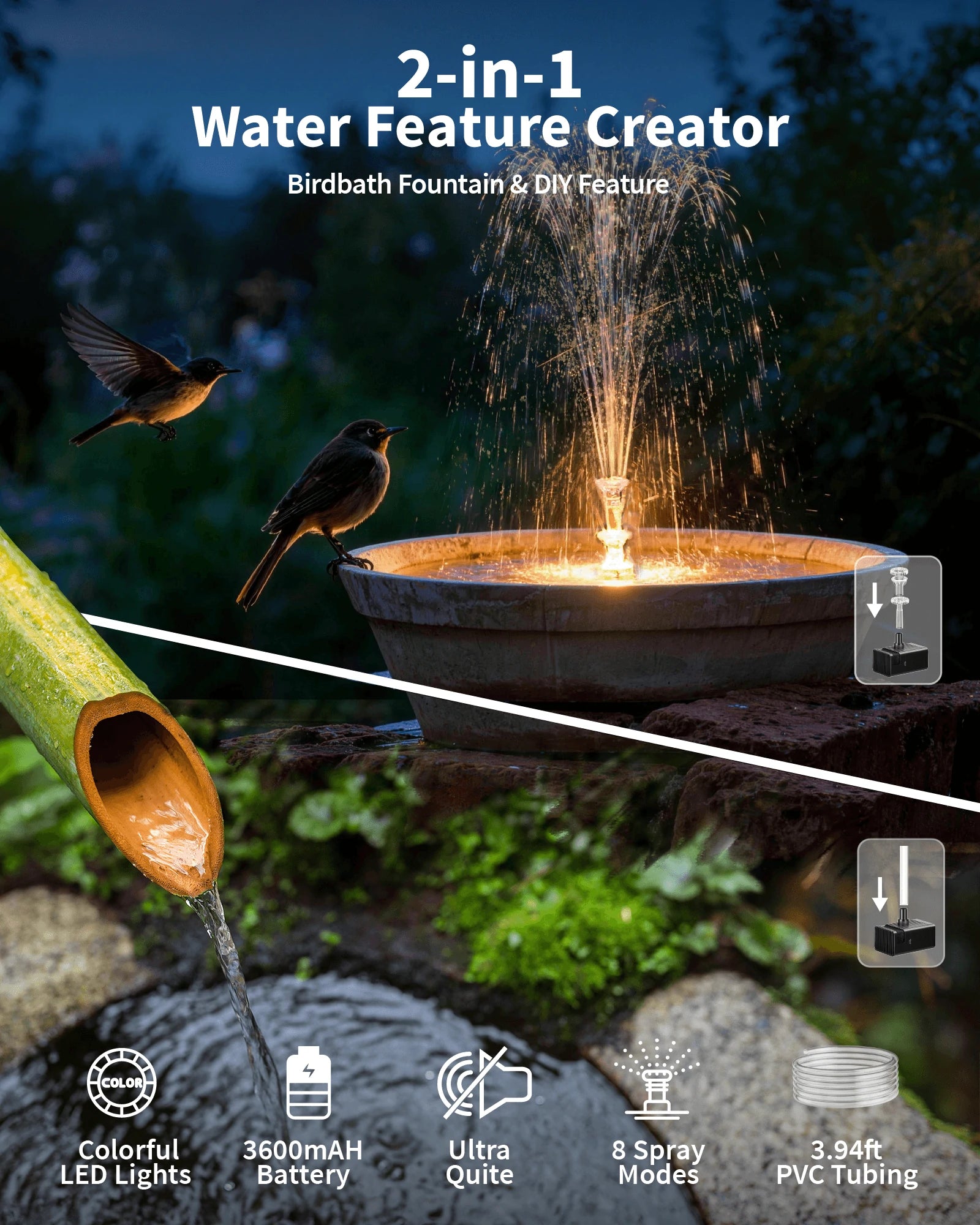 8W Solar Water Fountain Pump with Battery & Light