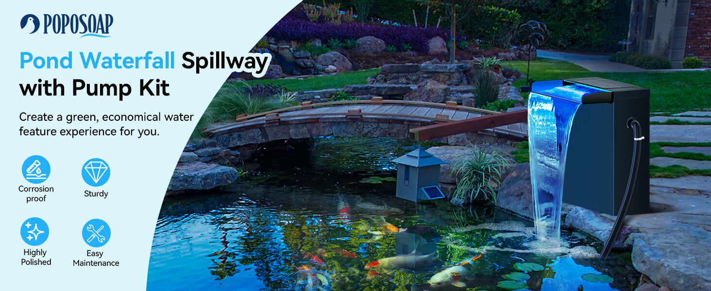 Stainless Steel Waterfall Spillway with LED Lighting - Outdoor Water Feature Kit