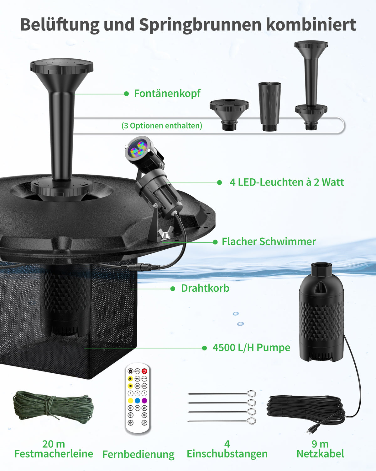 4500 l/h Schwimmende Teichfontäne & Belüftung Komplett-Set