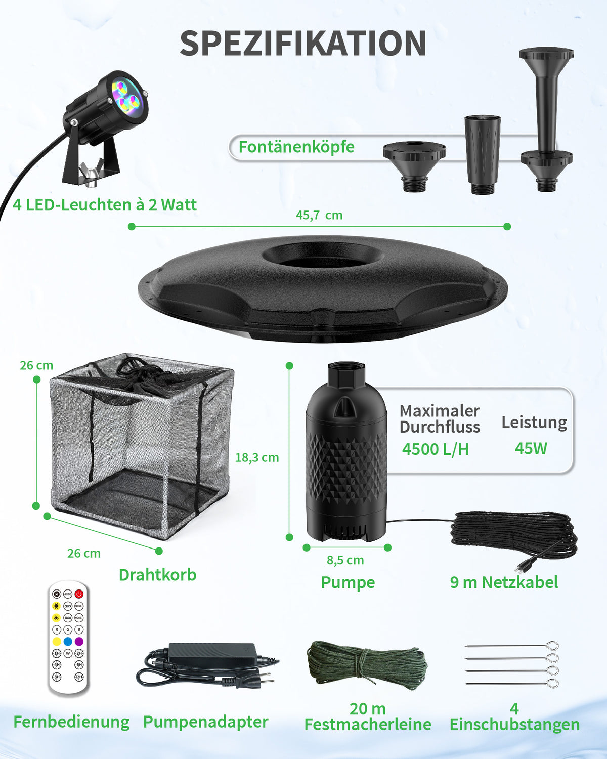 4500 l/h Schwimmende Teichfontäne & Belüftung Komplett-Set