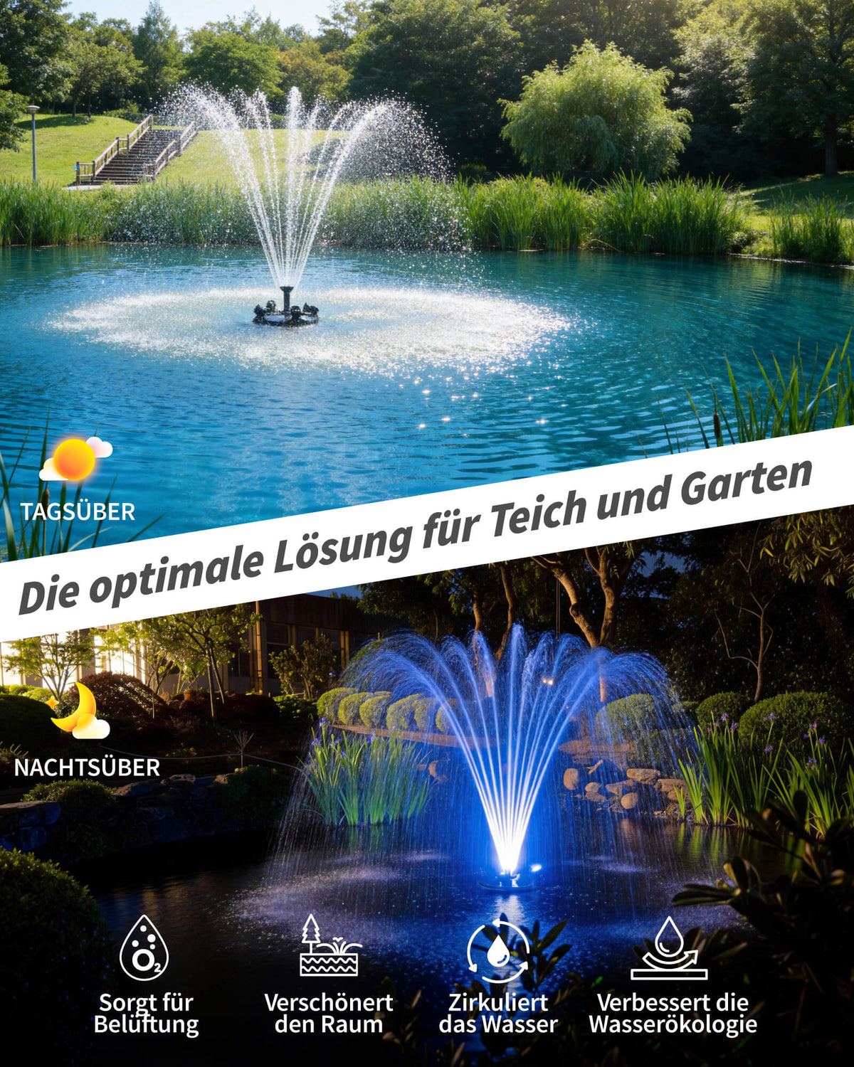 6000 l/h Schwimmende Teichfontäne & Belüftung Komplett-Set