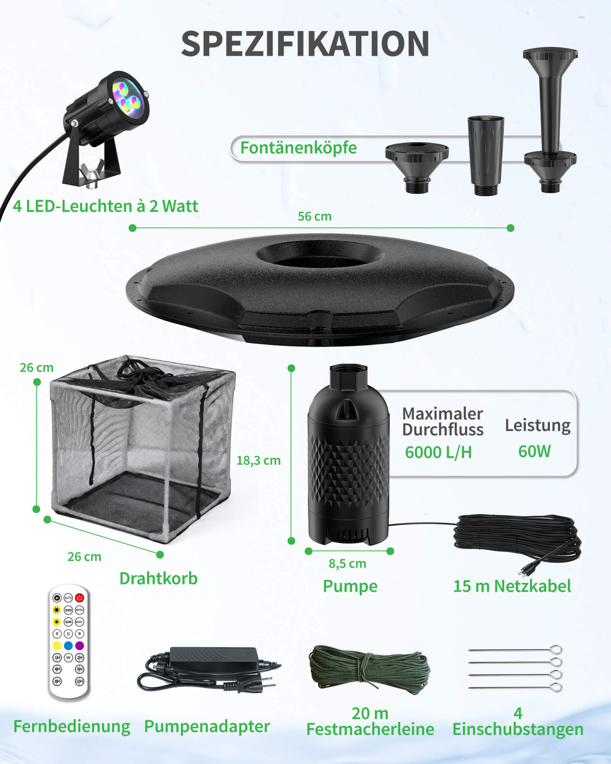 6000 l/h Schwimmende Teichfontäne & Belüftung Komplett-Set