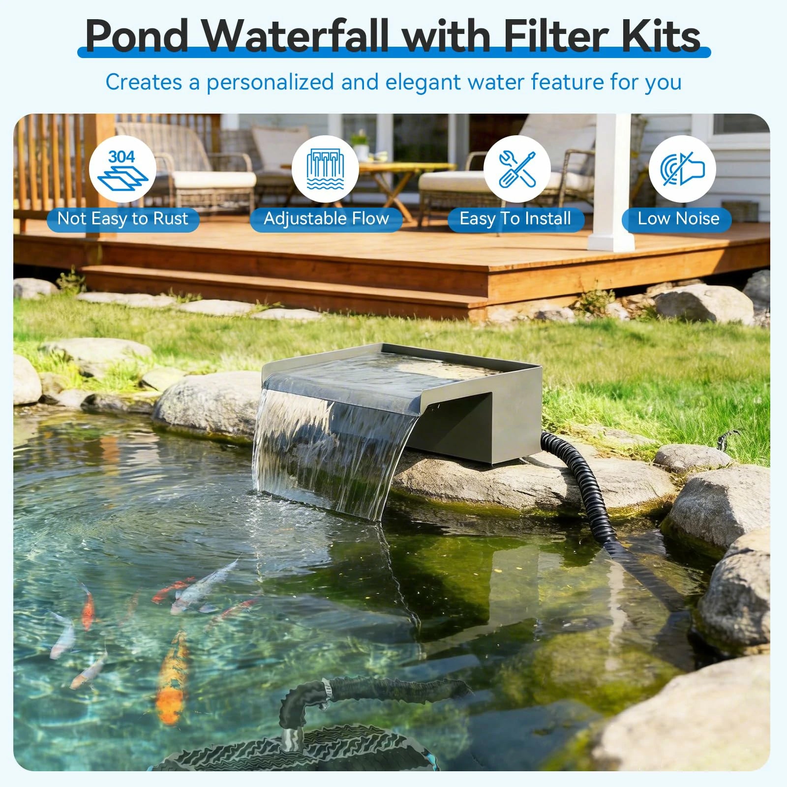 660GPH Waterfall Pump Kit with 12" Spillway & Pond Filter (LED)