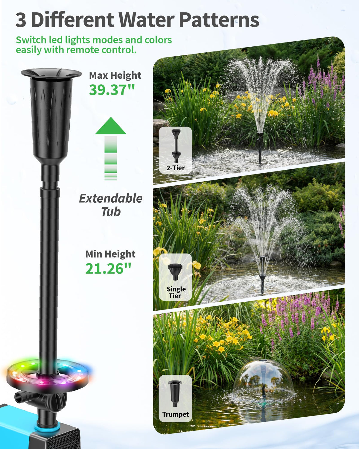 Teichbrunnen mit RGB-Beleuchtung – Wasserfluss zur Tag- und Nacht