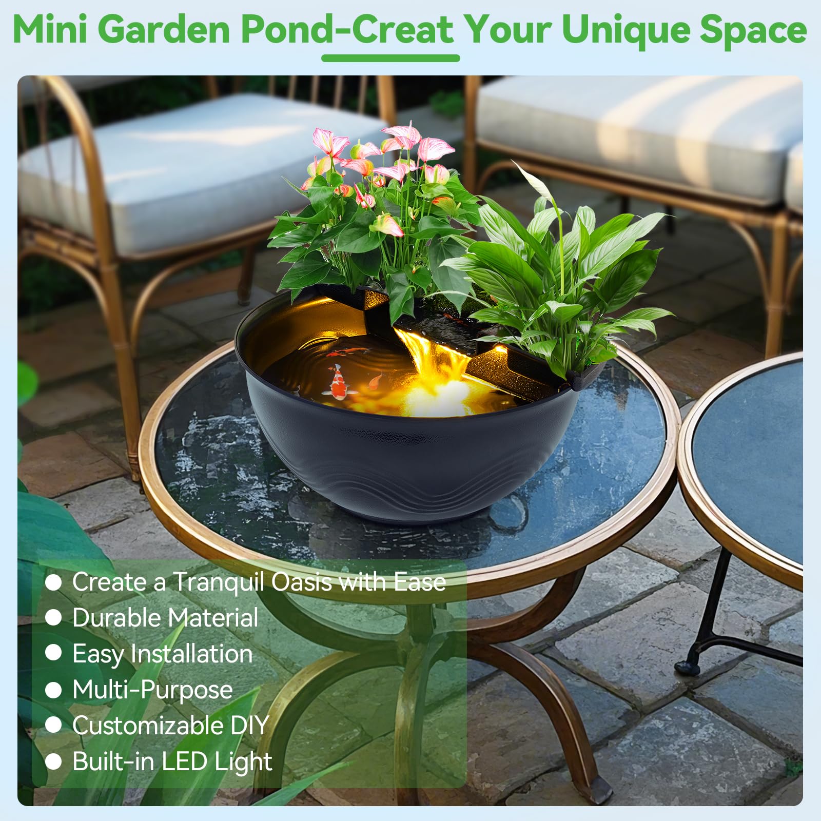 Mini-Wassergarten-Teich-Set mit Wasserfall und LED-Beleuchtung