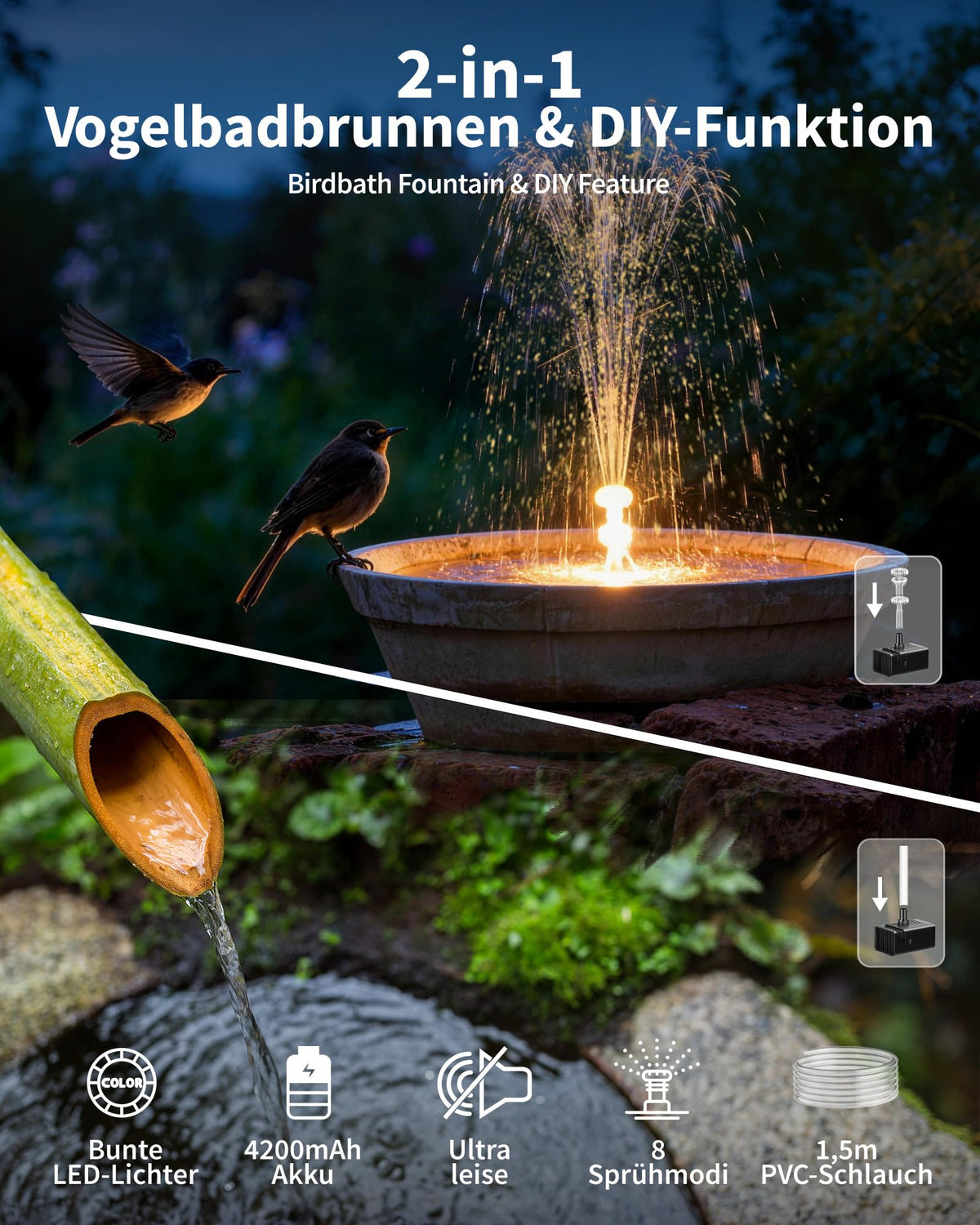 12W Solar-Springbrunnenpumpe mit Akku und Beleuchtung