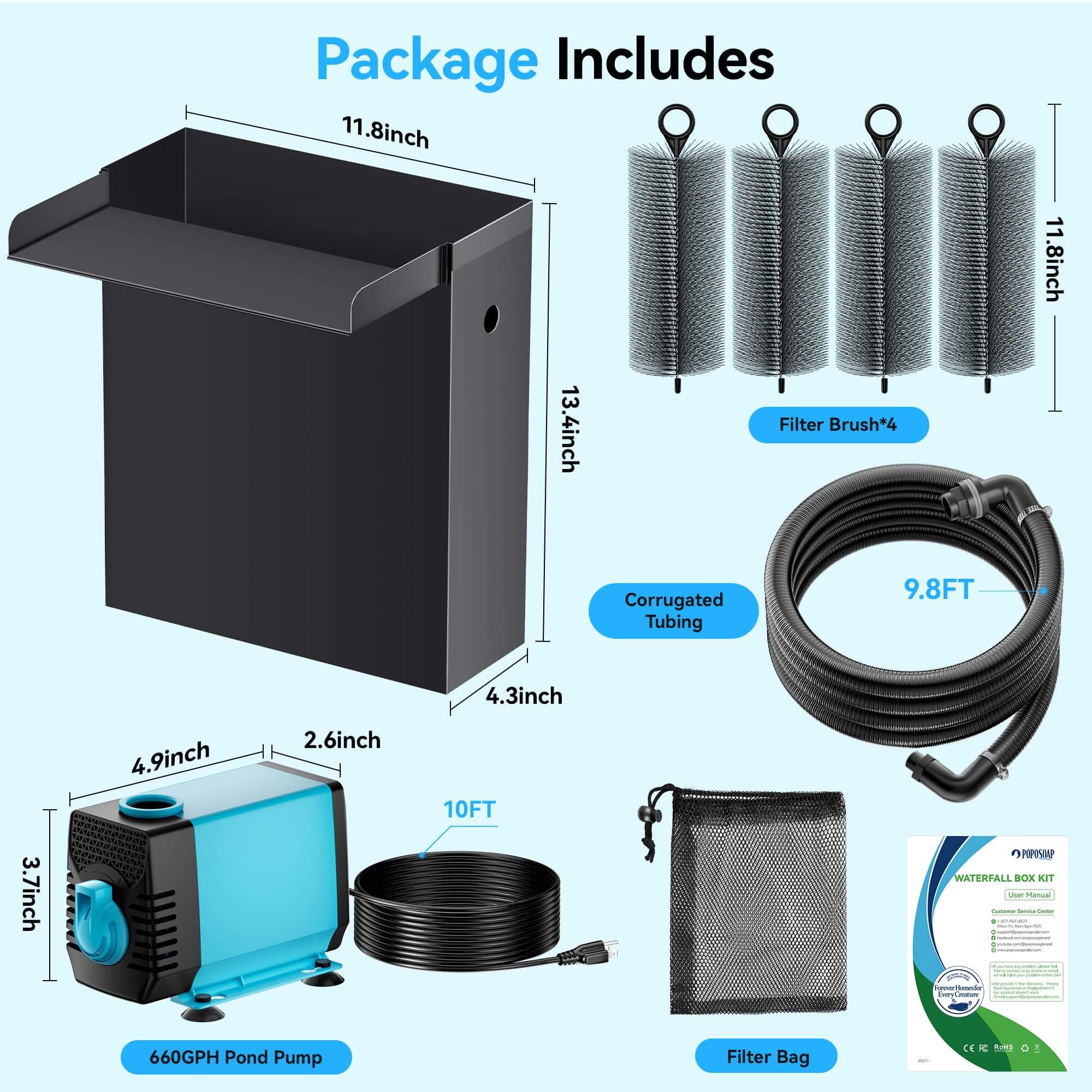 40W 660GPH Electric Waterfall Pump Kit with 12"x13.4" Spillway