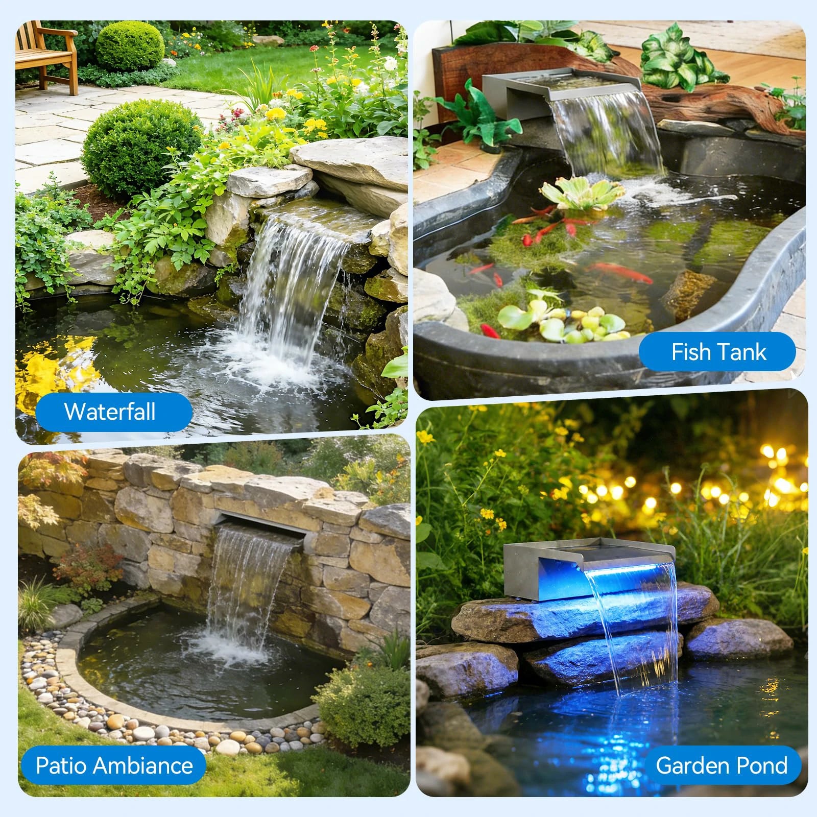 660GPH Waterfall Pump Kit with 12" Spillway & Pond Filter (LED)
