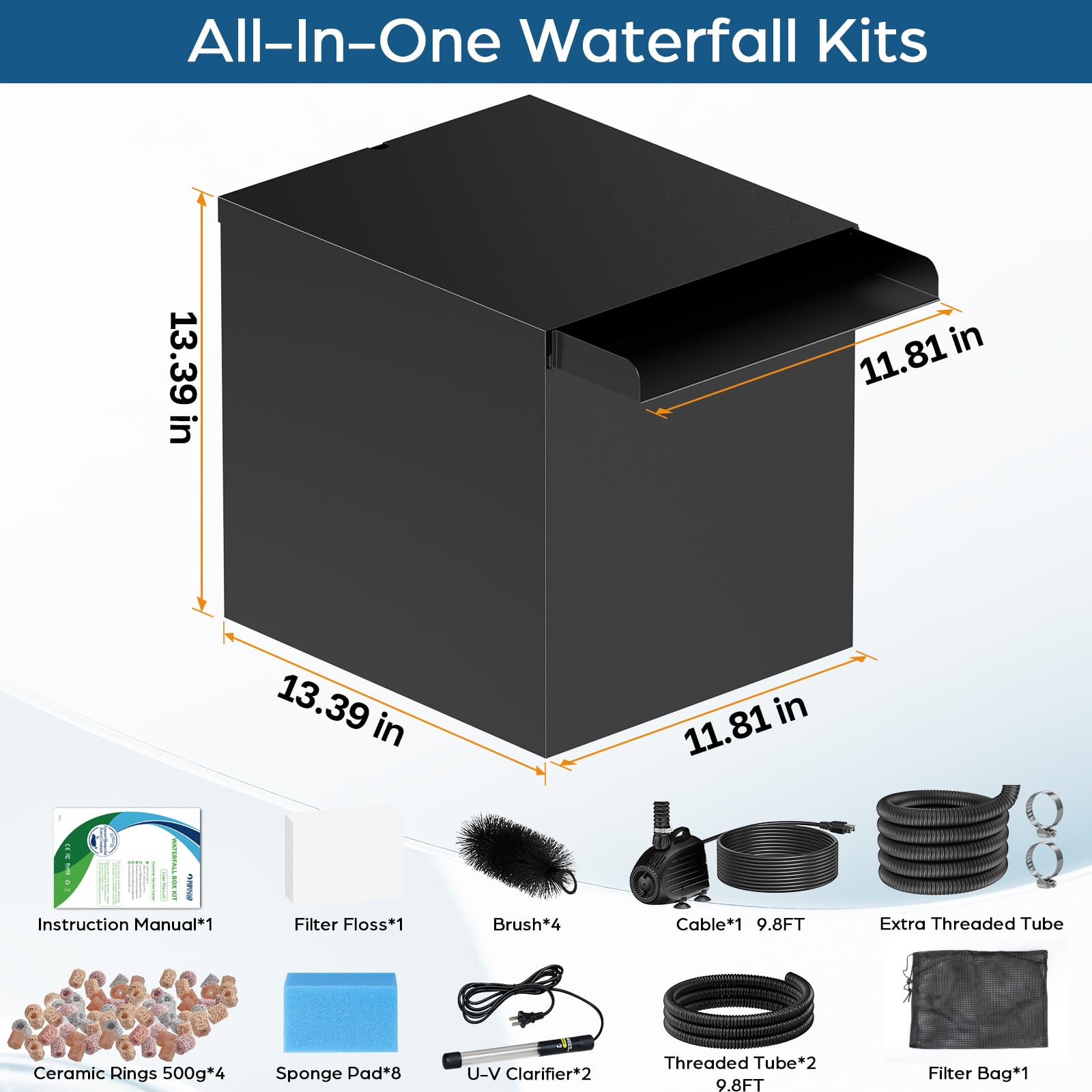 Elektrisches Wasserfallpumpen-Set (80 W, 1200 GPH) mit 12" x 13,4" x 13,4" Überlauf