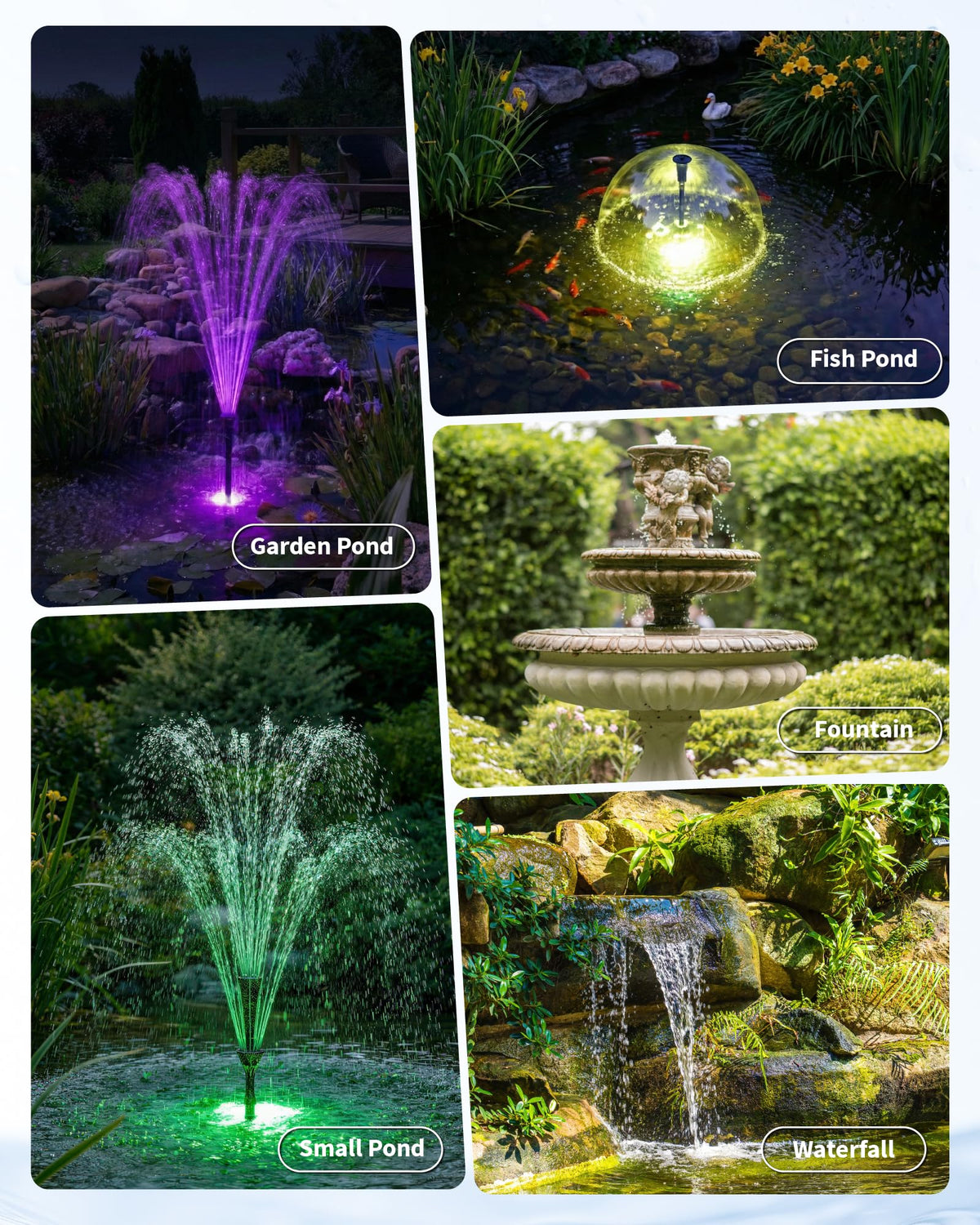Teichbrunnen mit RGB-Beleuchtung – Wasserfluss zur Tag- und Nacht