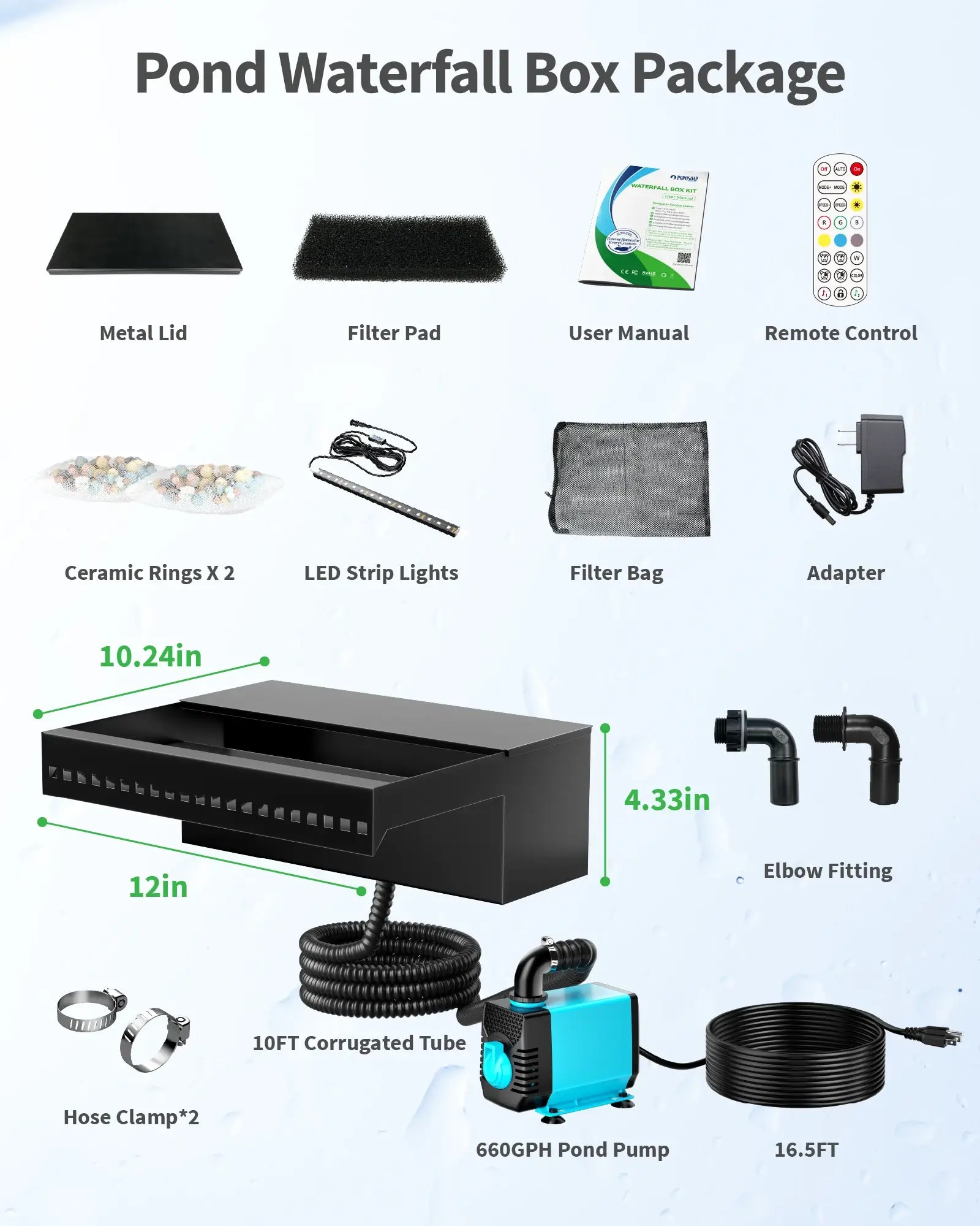 40W 660GPH Spray Waterfall Pump Kit with 12" Spillway & Light