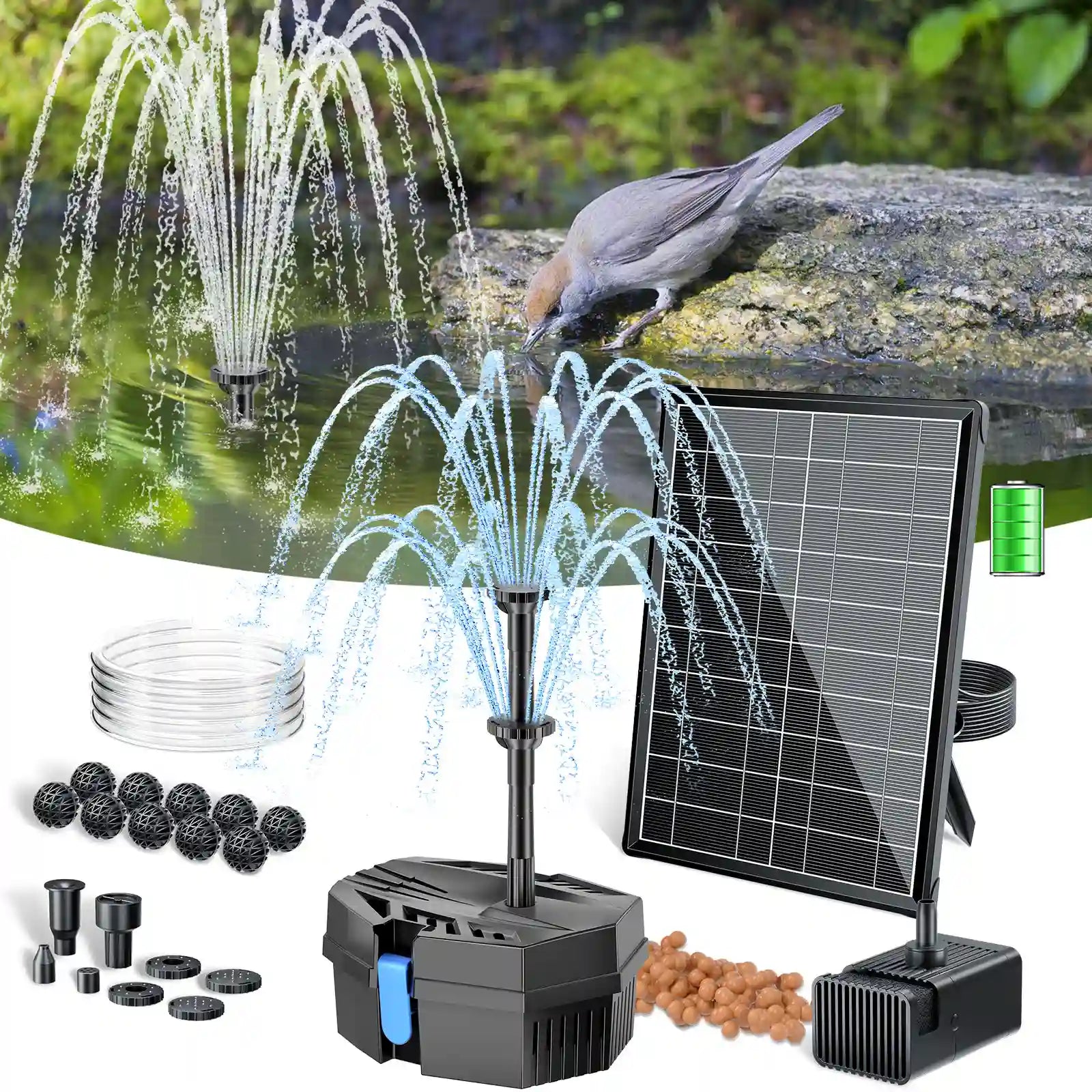 P3081D 8W 80GPH Solar-Teichfilterbrunnen mit 3000mAh Akku-Backup 