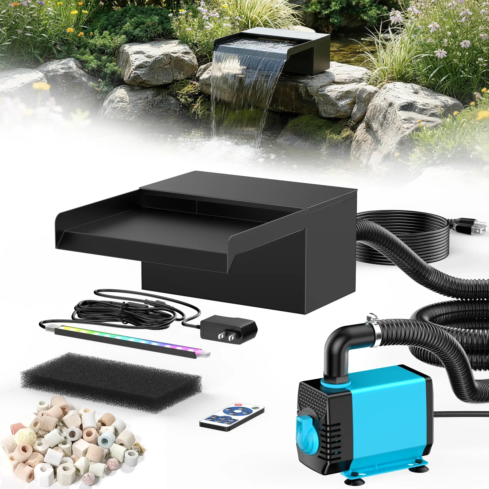 40W 660GPH Electric Waterfall Pump Kit with 8" Spillway & Light