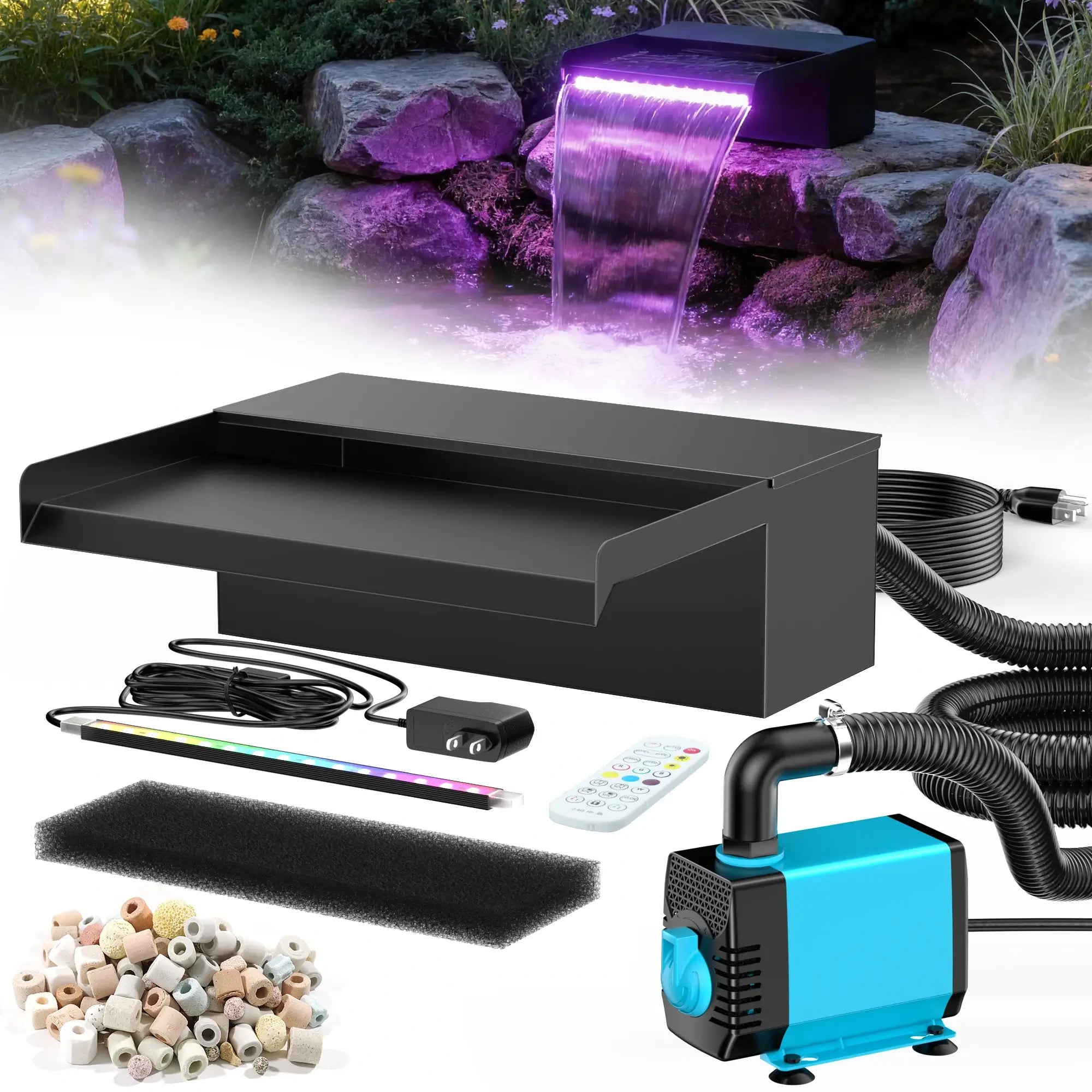40W 660GPH Electric Waterfall Pump Kit with 12" Spillway & Light