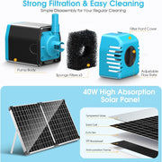 40W Solar Water Pond Pump & Filter Kit - 580GPH Adjustable Flow - Strong Filtration and Easy Cleaning