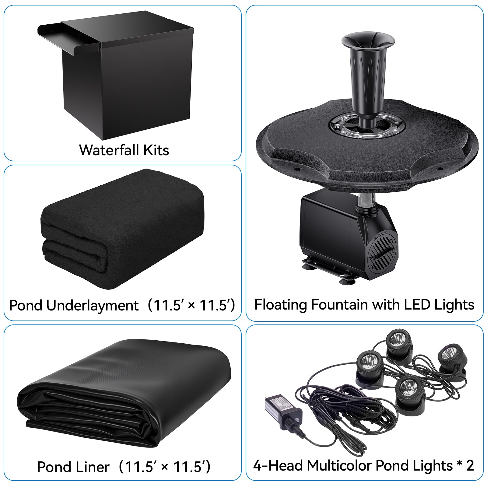 7′ x 7′ Pond Pro Kit | 5-in-1 Filter, Waterfall, Lights, Pond Liner & Underlayment