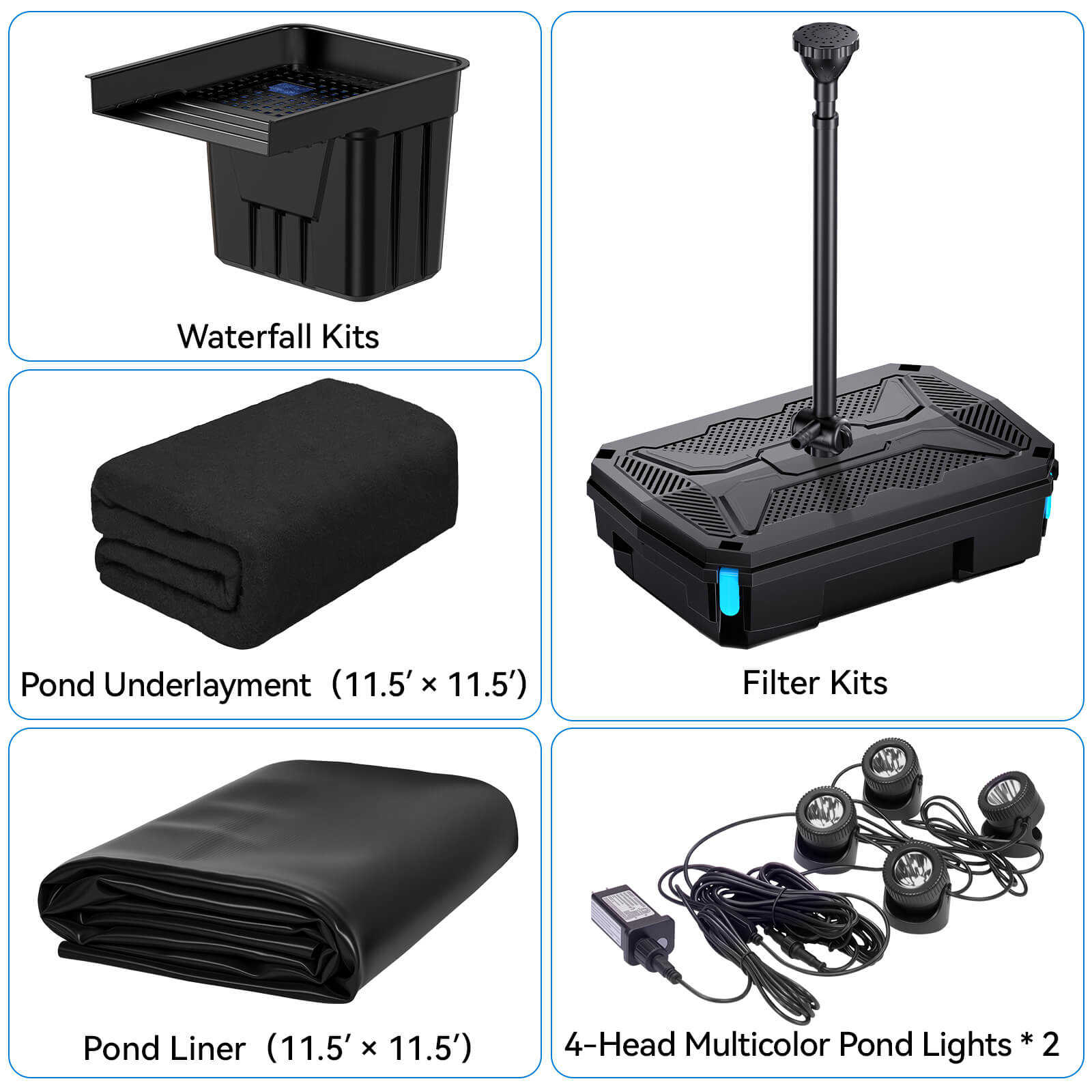 7′ x 7′ Pond Advanced Kit | 5-in-1 Filter, Waterfall, Lights, Pond Liner & Underlayment