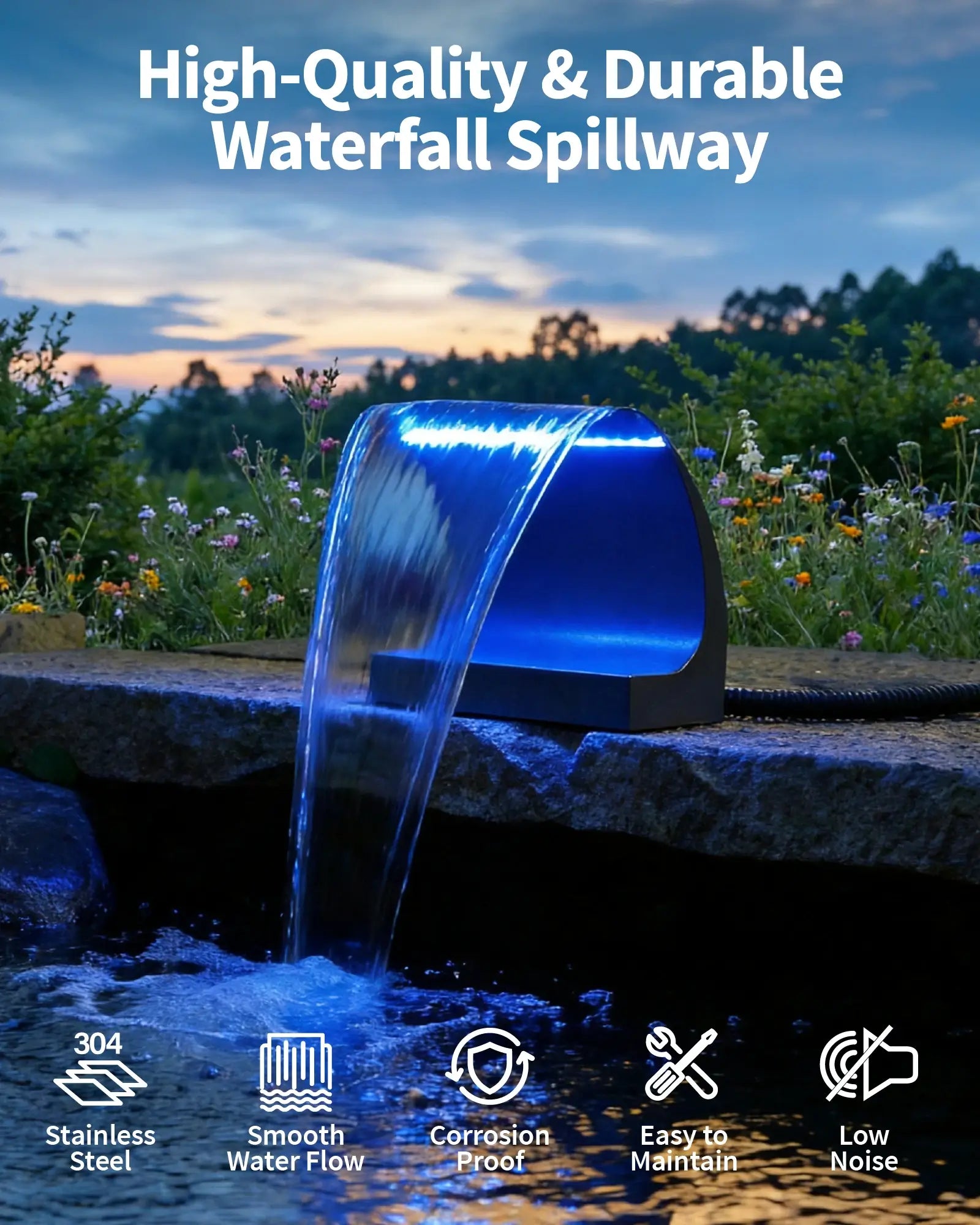 80W 1200GPH Waterfall Pump Kit with 8" C-Shaped Spillway & Light