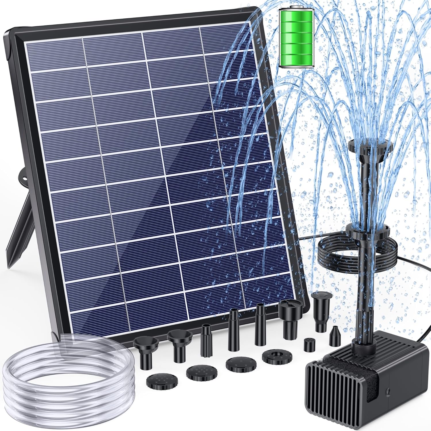 6.5W Solar Water Fountain Pump - 2400mAh Battery, 80GPH, 8 Sprayers