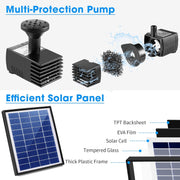 6W Solar Water Fountain Pump - 60GPH, 5 Nozzles Multi Protection Pump