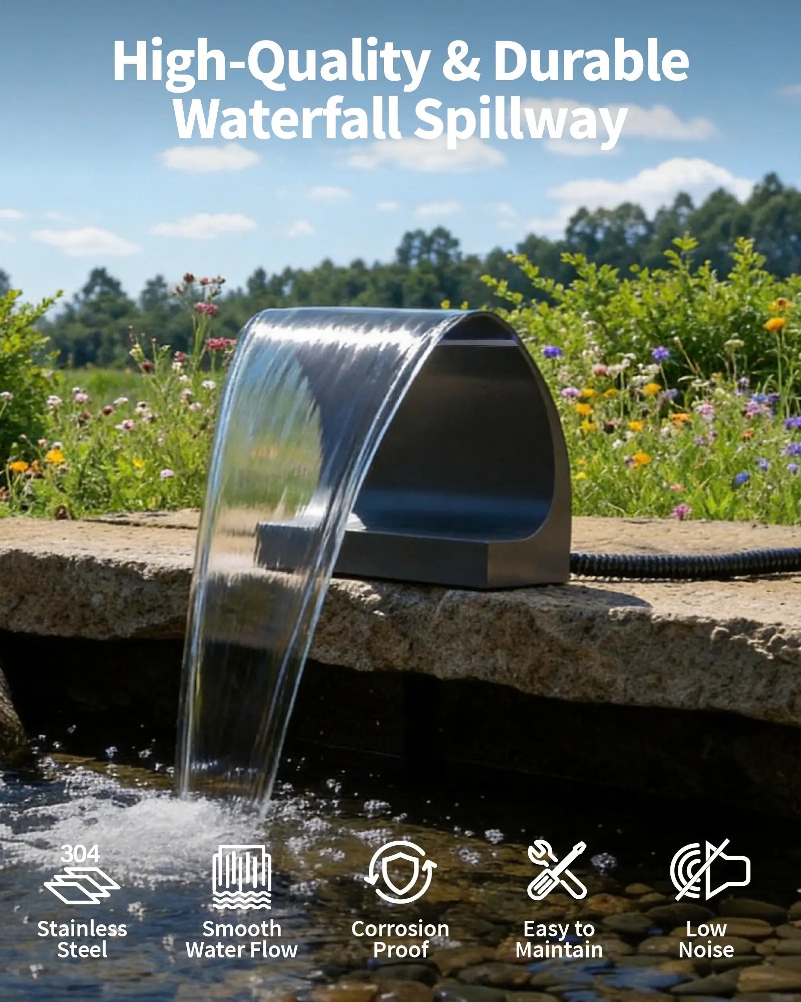 80W 1200GPH Waterfall Pump Kit with 8" C-Shaped Spillway & Light