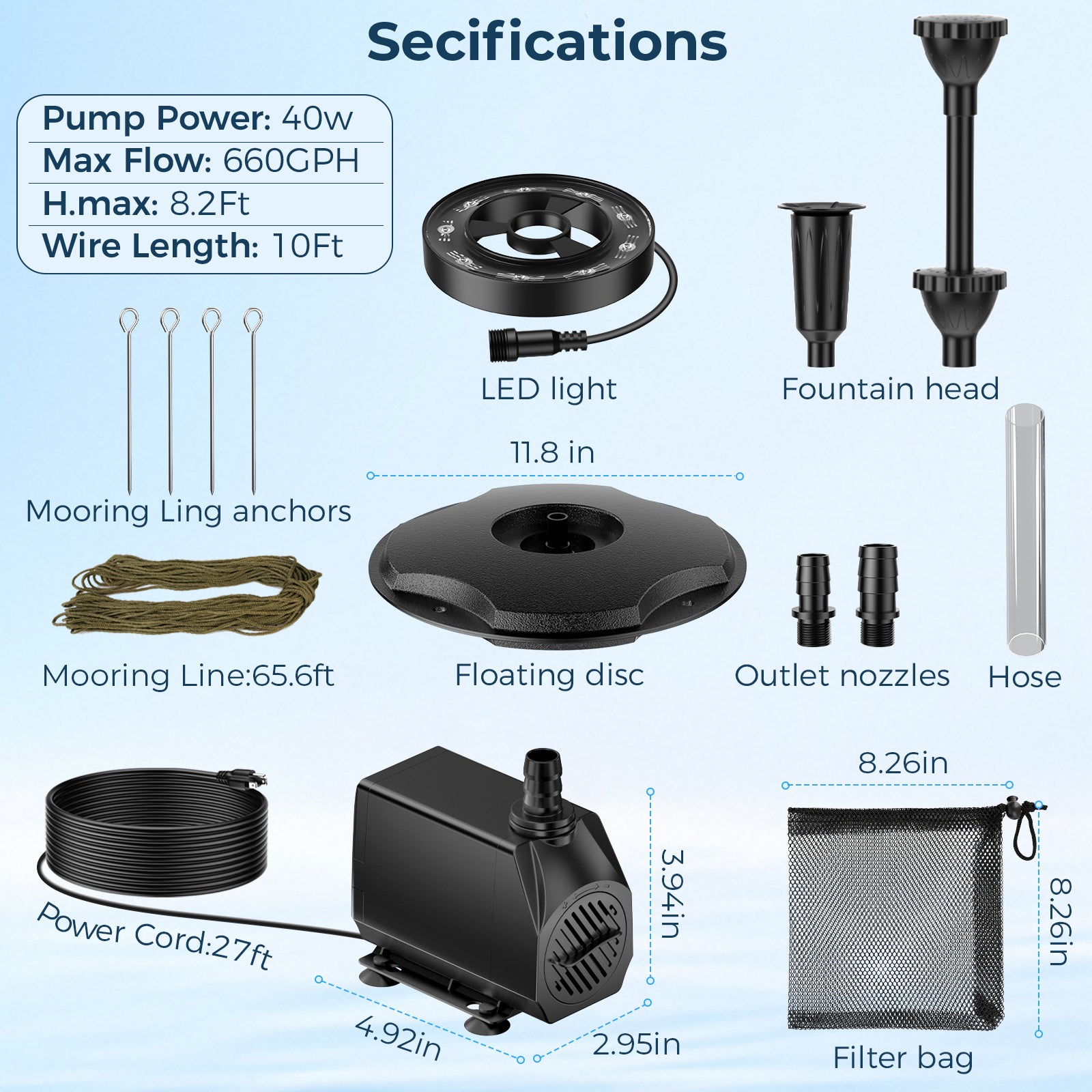 Schwimmbrunnen mit LED-Beleuchtung, 45 W, 660 GPH 