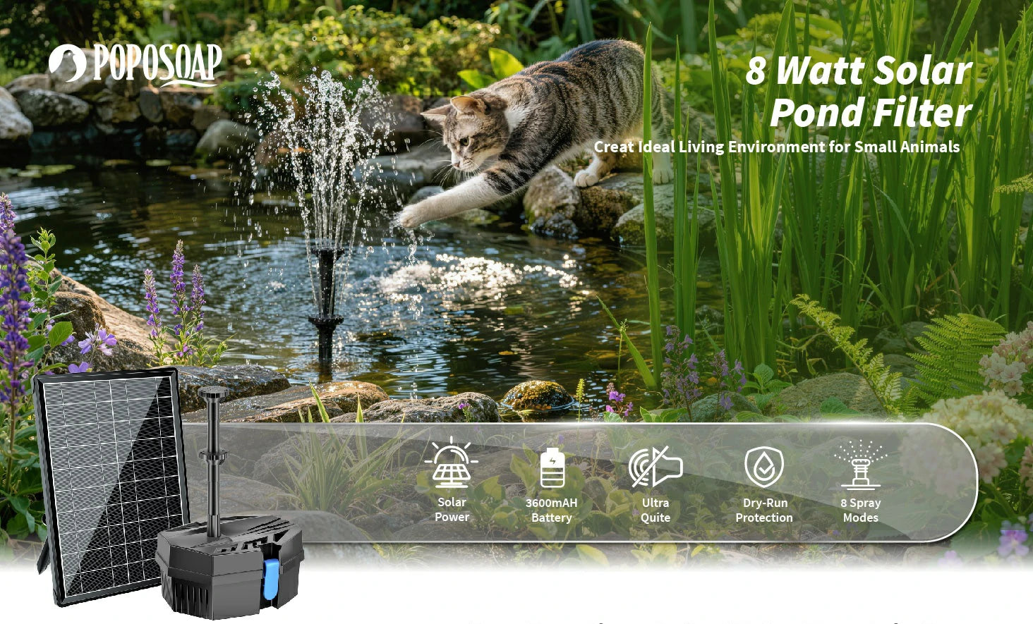 P3081D 8W 80GPH Solar-Teichfilterbrunnen mit 3000mAh Akku-Backup 