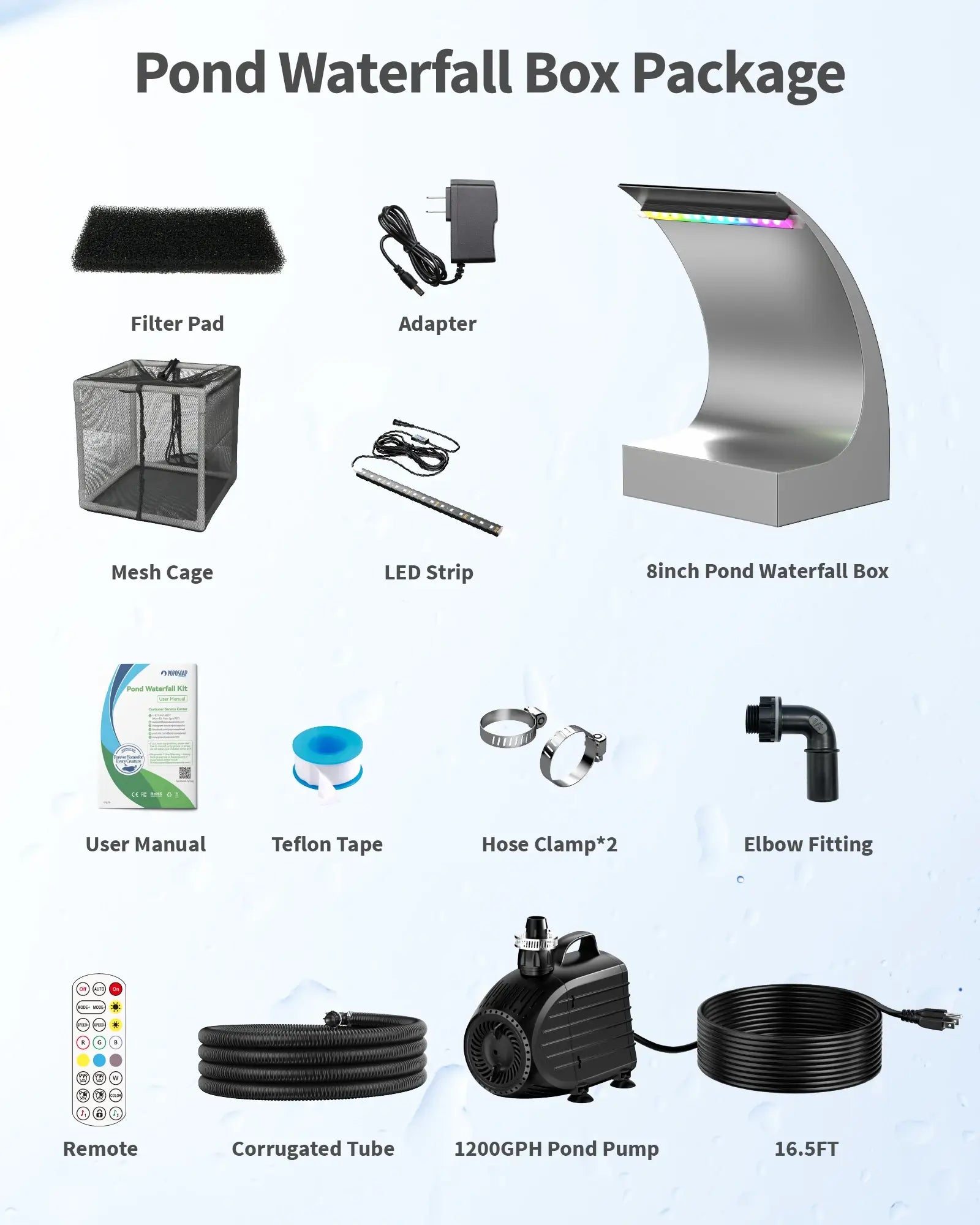 80W 1200GPH Waterfall Pump Kit with 8" C-Shaped Spillway & Light