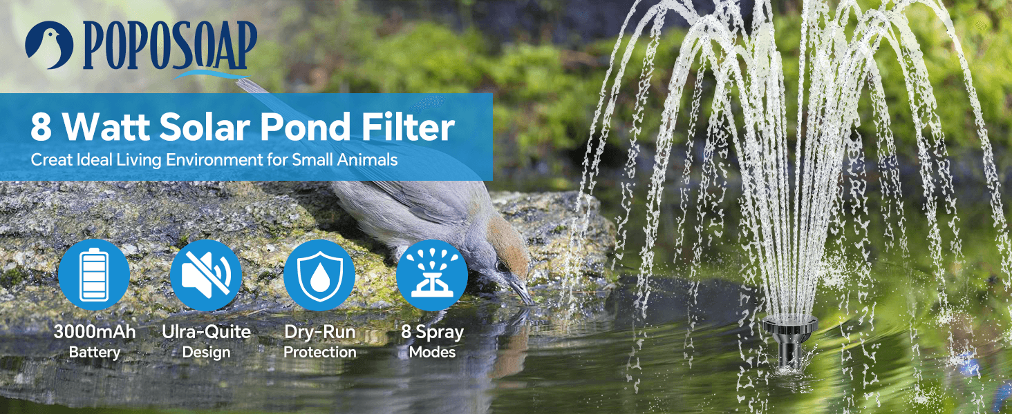 POPOSOAP Upgraded 8W Solar Pond Filter for Your Garden Pond