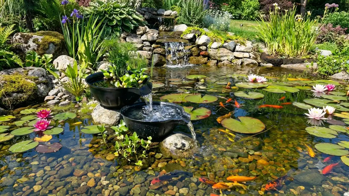 Dekoratives Wasserspeier-Schalen-Brunnenbecken-Set, platziert in einem Fischteich im Garten