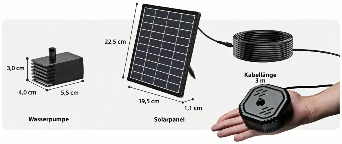 POPOSOAP SPF100 Solar Vogeltränke Brunnen Kit Spezifikationen mit Pumpe, Solarpanel, Kabel, Schläuche, Keramikkugeln, Halterung und Düsen