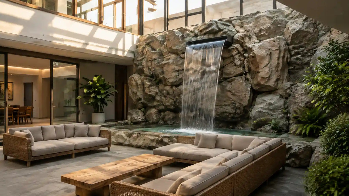 Wasserfall mit Wasserfall-Teichpumpen, stilvolle Wasserfälle für den Garten, Wasserfallpumpen für Teiche für die Innenhoflandschaft
