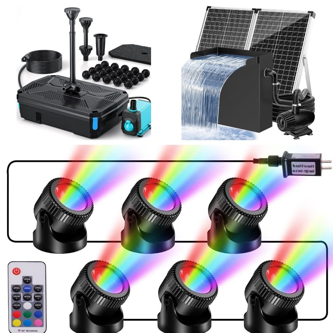 1,8 x 1,8 m Teich-Dekorationsset | 3-in-1-Filter, Wasserfall &amp; Beleuchtung