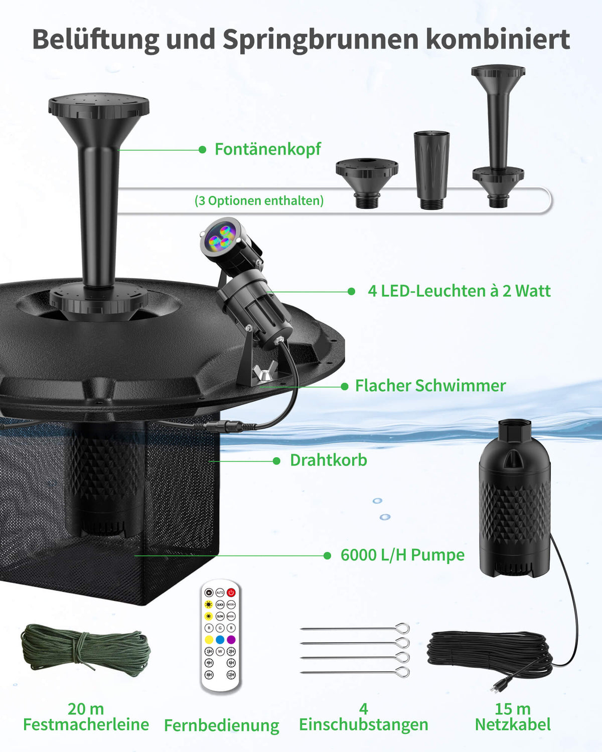 6000 l/h Schwimmende Teichfontäne & Belüftung Komplett-Set