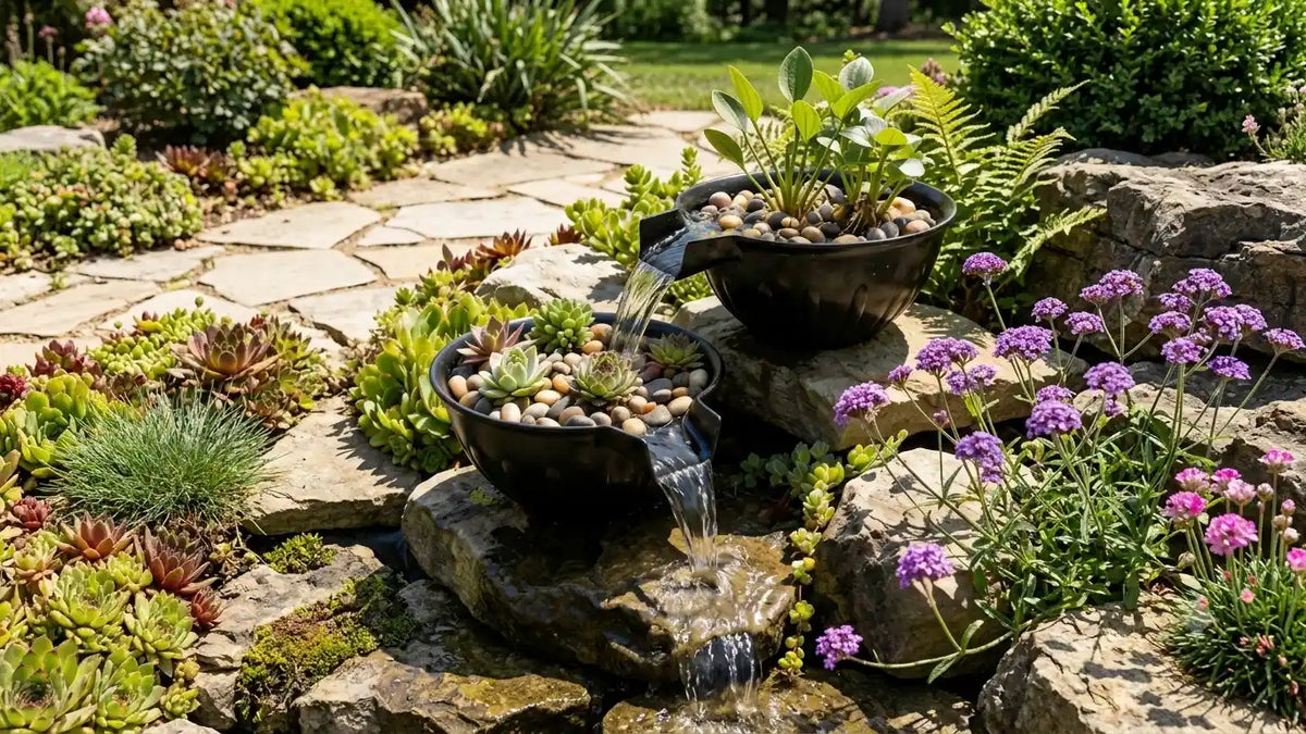 Überlaufbecken-Brunnen sitzt auf Natursteinplatten