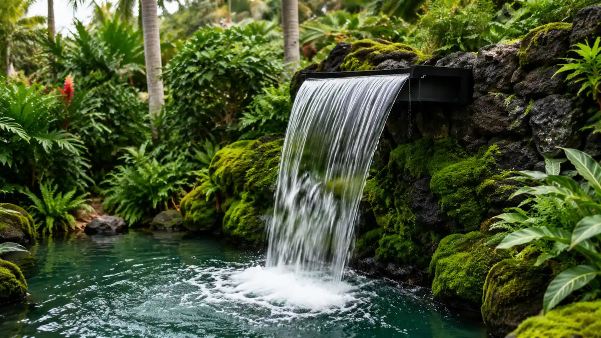 Cascading Wasserfall auf Moosfelsen, angetrieben durch Wasserfall Teichpumpen, natürliche Wasserfälle für den Garten, Wasserfallpumpen für Teiche